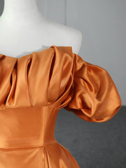 Bridesmaid Dress Different Styles, Orange Floor Length Satin Long Prom Dress, Off the Shoulder Evening Party Dress