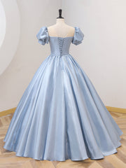 Ball Dress, Blue Satin Floor Length Prom Dress with Bow, Blue A-Line Evening Formal Dress