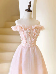 Bridesmaid Dress Vintage, Pink Tulle Beaded Tea Length Prom Dress, Pink A-Line Off Shoulder Party Dress