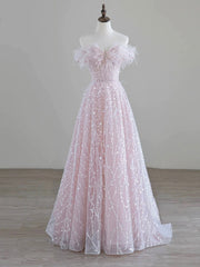 Party Dress Lace, Sparkling Tulle Sequin Long Prom Dress, Off the Shoulder Pink Evening Party Dress