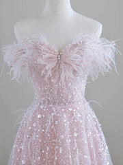 Party Dress Winter, Sparkling Tulle Sequin Long Prom Dress, Off the Shoulder Pink Evening Party Dress