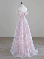 Party Dresses Lace, Sparkling Tulle Sequin Long Prom Dress, Off the Shoulder Pink Evening Party Dress