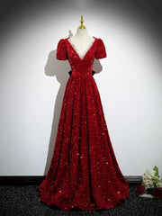 Ethereal Dress, Burgundy V-Neck Sequins Long Prom Dress, A-Line Evening Party Dress with Bow