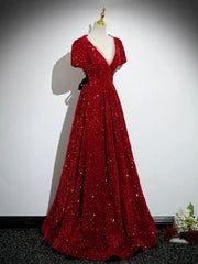 Chiffon Dress, Burgundy V-Neck Sequins Long Prom Dress, A-Line Evening Party Dress with Bow