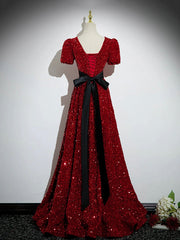 Navy Blue Dress, Burgundy V-Neck Sequins Long Prom Dress, A-Line Evening Party Dress with Bow