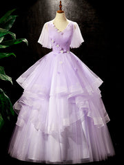 Prom Dress 2034, Fairy Purple Floral Floor Length Prom Dress, Beautiful V-Neck Party Birthday Dress