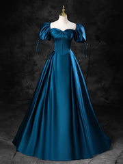 Flower Dress, Blue Satin Off the Shoulder Floor Length Prom Dress, Blue A-Line Party Dress