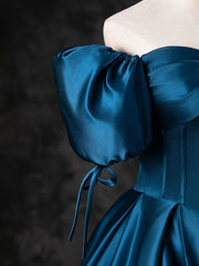 Elegant Wedding, Blue Satin Off the Shoulder Floor Length Prom Dress, Blue A-Line Party Dress