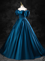 Wedding Pictures Ideas, Blue Satin Off the Shoulder Floor Length Prom Dress, Blue A-Line Party Dress