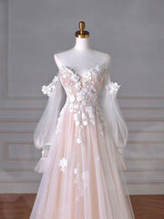 Evening Dress With Sleeves Uk, Champagne Tulle Lace Sweetheart Neck Long Formal Dress, A-Line Puff Sleeves Party Dress