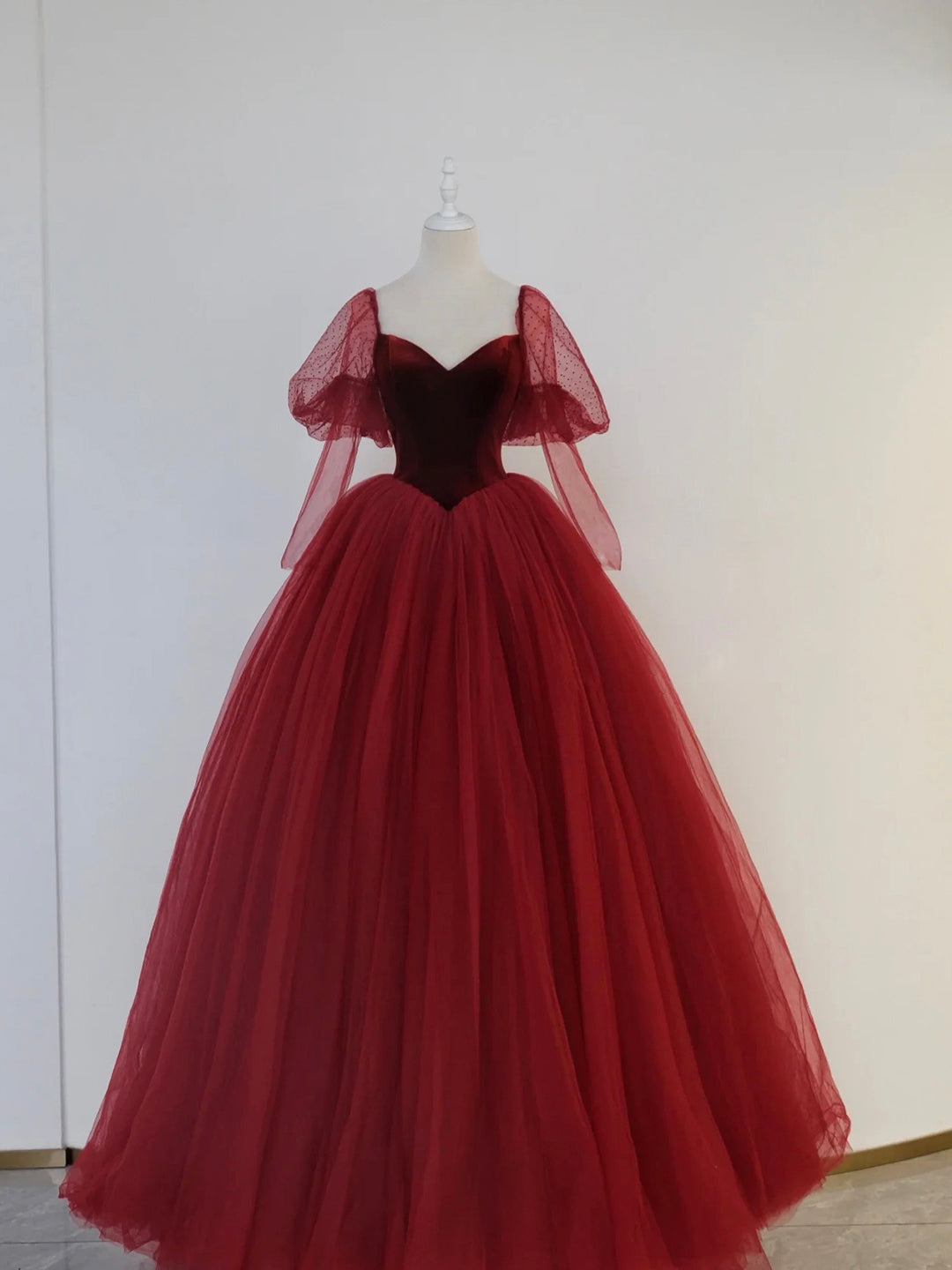 Prom Dress Black, Burgundy Velvet and Tulle Floor Length Formal Dress, A-Line Long Sleeve Tulle Evening Party Dress