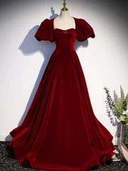 28 Th Grade Dance Dress, Burgundy Velvet Floor Length Prom Dress, Beautiful Open Back Evening Dress with Pearls