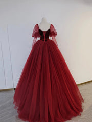 Prom Pictures, Burgundy Velvet and Tulle Floor Length Formal Dress, A-Line Long Sleeve Tulle Evening Party Dress