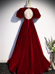 Dark Red Dress, Burgundy Velvet Floor Length Prom Dress, Beautiful Open Back Evening Dress with Pearls