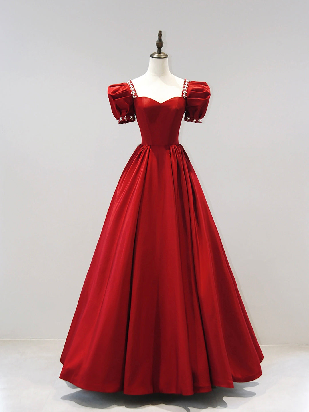 Formal Dress Outfit, Burgundy Satin Floor Length Princess Dress with Beaded, A-Line Short Sleeve Evening Party Dress