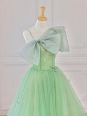 Prom Dresses Long Open Back, Green Tulle Short Prom Dress, A-Line Evening Dress with Bow