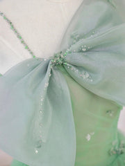 Prom Dress Long Open Back, Green Tulle Short Prom Dress, A-Line Evening Dress with Bow