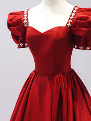 Formal Dressing Style, Burgundy Satin Floor Length Princess Dress with Beaded, A-Line Short Sleeve Evening Party Dress