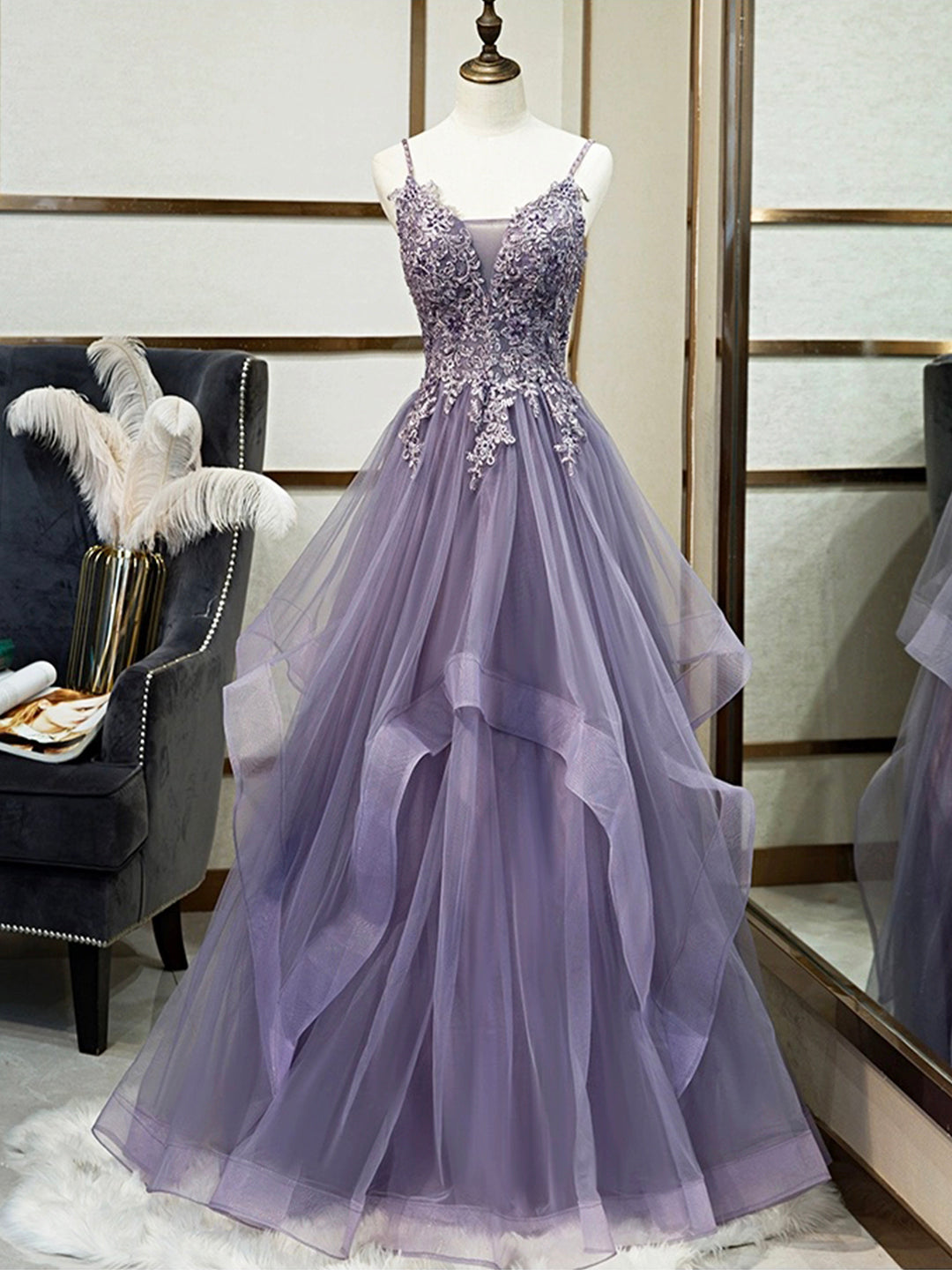 Bridesmaids Dresses Lavender, Purple Spaghetti Straps Lace Prom Dress, Lovely Tulle Corset Floor Length Evening Dress