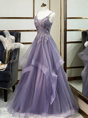 Small Wedding Ideas, Purple Spaghetti Straps Lace Prom Dress, Lovely Tulle Corset Floor Length Evening Dress