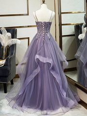 Plu Size Wedding Dress, Purple Spaghetti Straps Lace Prom Dress, Lovely Tulle Corset Floor Length Evening Dress