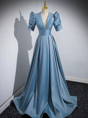 Bachelorette Party Theme, Blue Floor Length V-Neck Satin Prom Dress, Simple A-Line Evening Dress