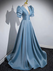 Wedding Bouquet, Blue Floor Length V-Neck Satin Prom Dress, Simple A-Line Evening Dress