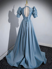 Bridesmaid Dresses Floral, Blue Floor Length V-Neck Satin Prom Dress, Simple A-Line Evening Dress