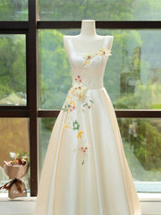 Prom Dress 2044, Elegant Satin Floor Length Formal Dress with 3D Flowers, Light Champagne A-Line Evening Party Dress