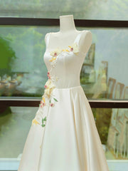 Prom Dresses Uk, Elegant Satin Floor Length Formal Dress with 3D Flowers, Light Champagne A-Line Evening Party Dress