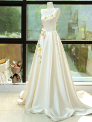 Prom Dress Ideas Unique, Elegant Satin Floor Length Formal Dress with 3D Flowers, Light Champagne A-Line Evening Party Dress