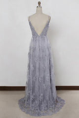 Party Dress Satin, Spaghetti Straps Long Lace Prom Gown, A Line V Neck Sleeveless Formal Dresses